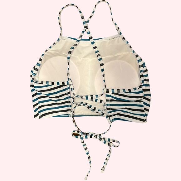 NWOT black, white & green stripes strappy back lace up halter bikini top size XS - Picture 2 of 8